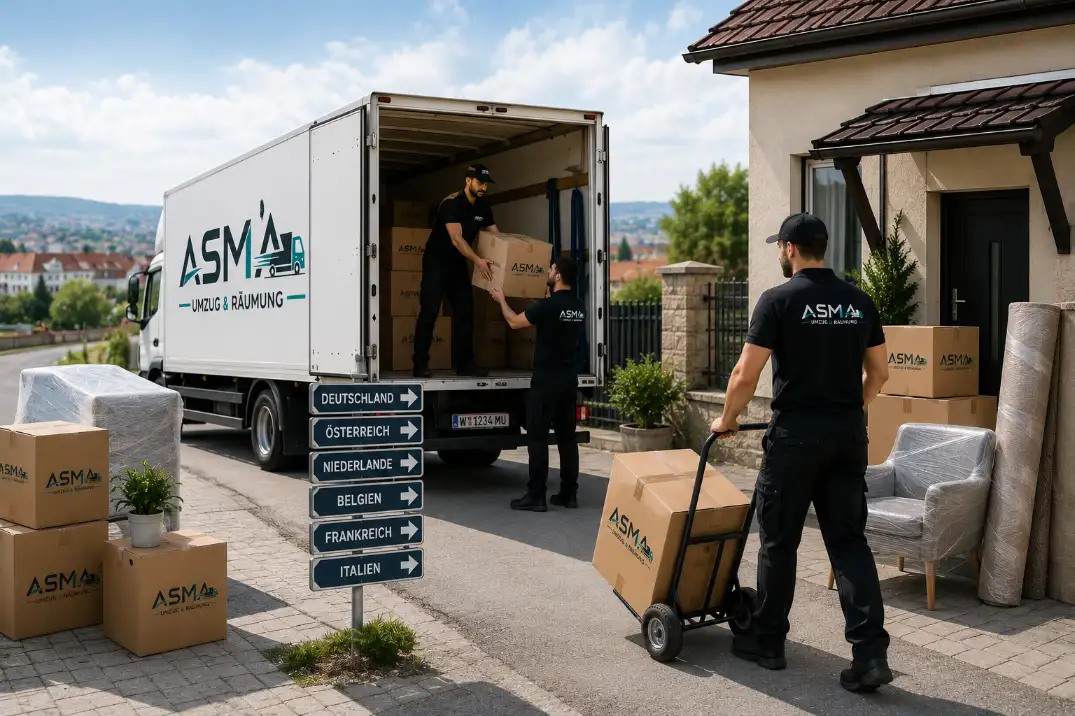 Beladener Transporter von Asma Umzug vor der Abfahrt zu einem Auslandsumzug