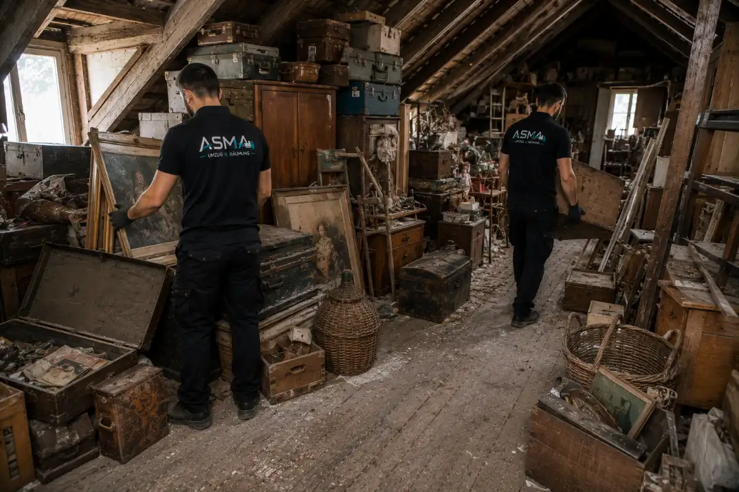 Mitarbeiter von Asma Umzug räumen einen Dachboden und tragen Kisten über die Stiege ab