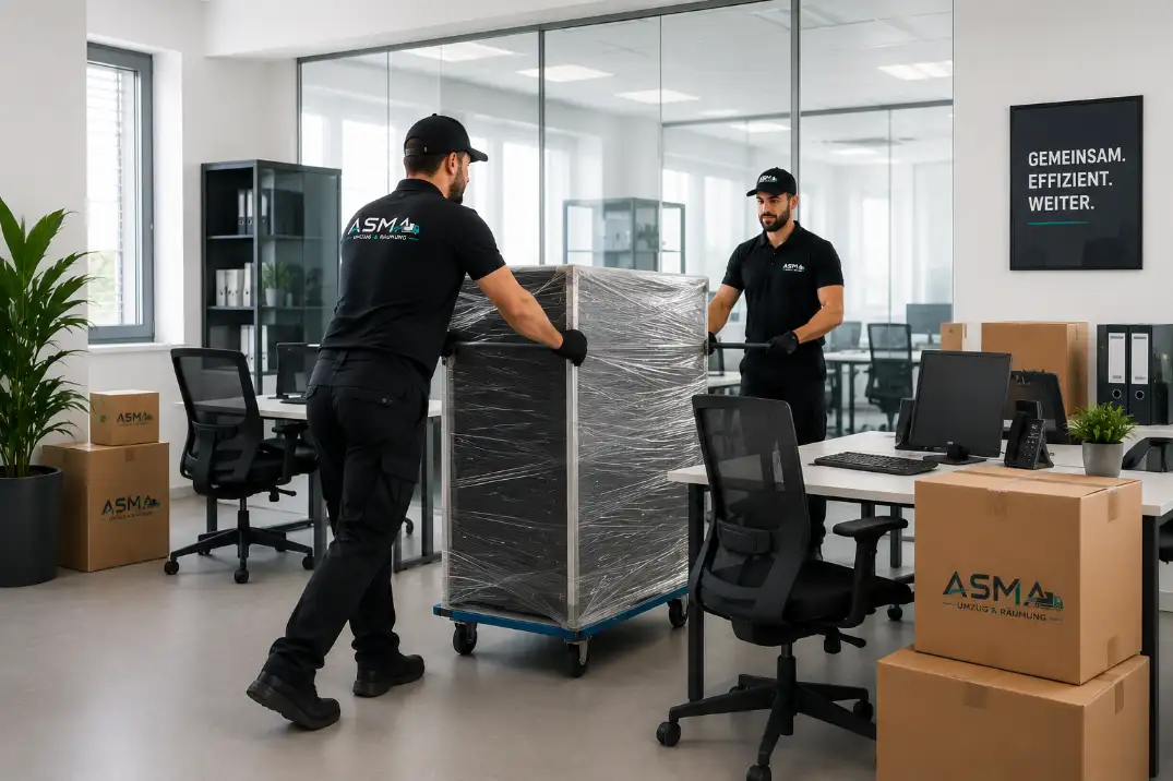 Team von Asma Umzug verlädt Büromobiliar und Aktenkartons in einen Transporter